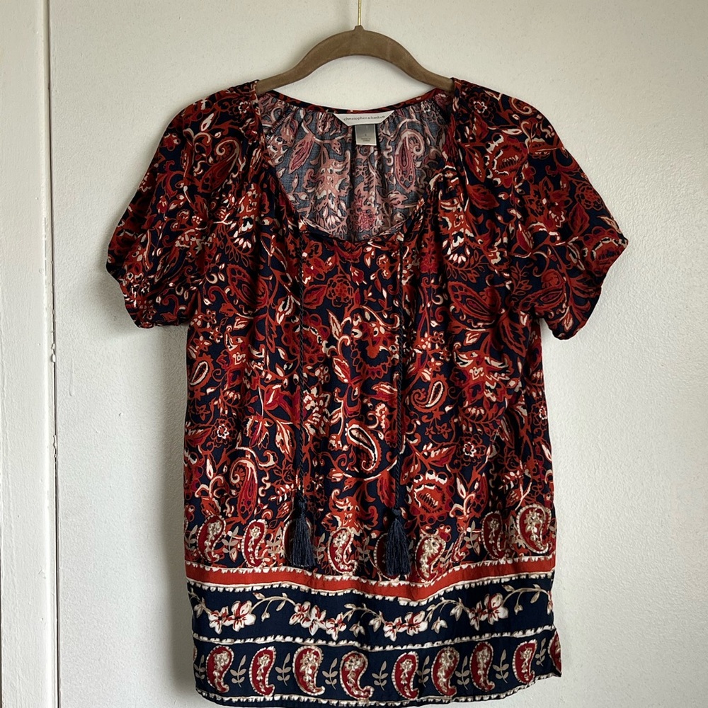 Christopher & Banks Rust Orange and Navy Blue Puff Sleeve Blouse with Tie Front